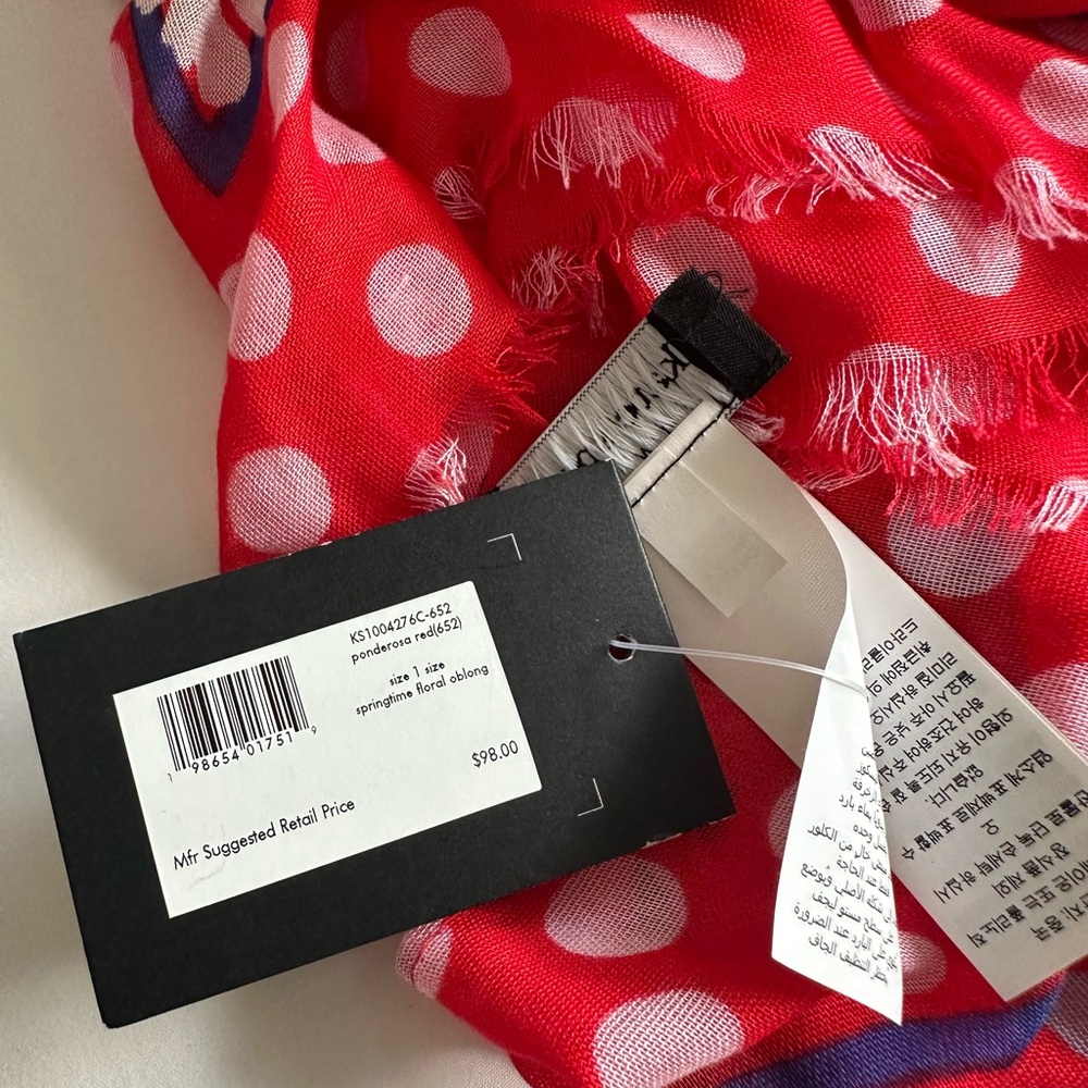Kate Spade springtime floral red, blue and white oblong scarf 🧣 NWT. - Picture 7 of 8
